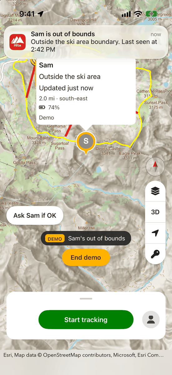 Notification 'Sam is out of bounds' above the map