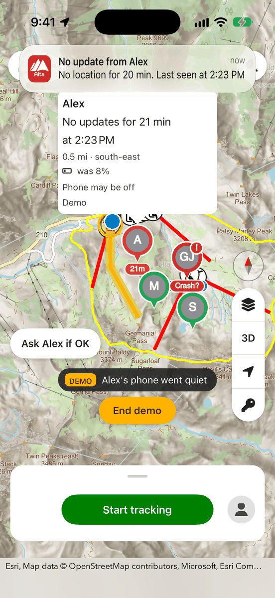 Notification 'No update from Alex' above the map