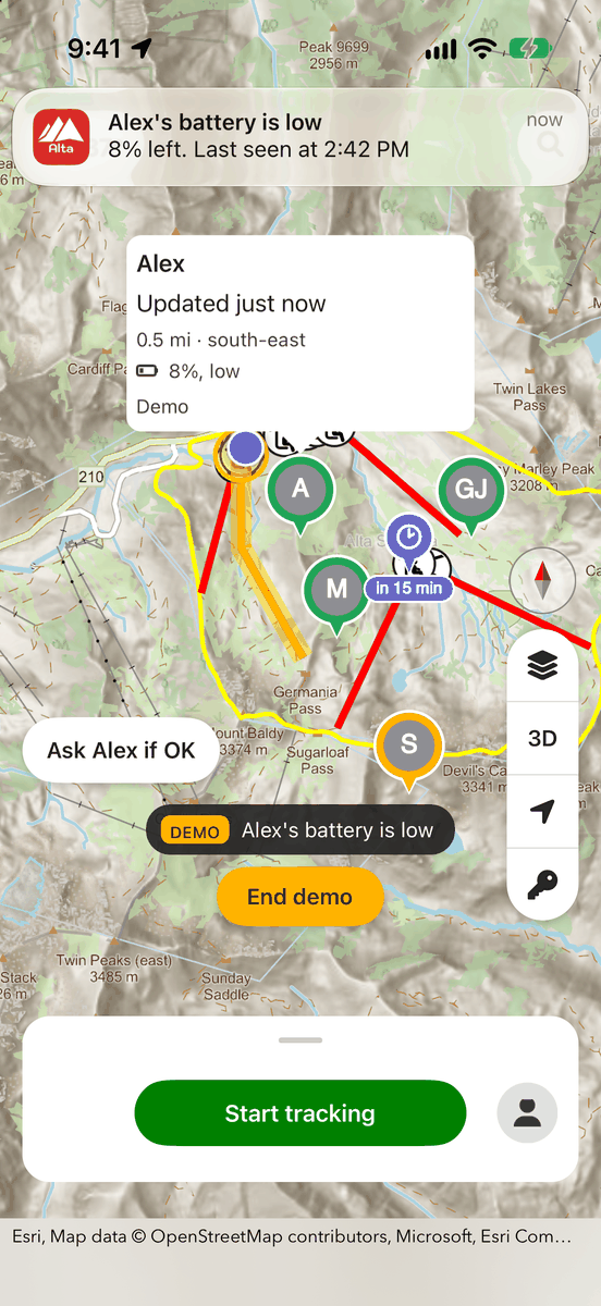 Notification 'Alex's battery is low' above the map
