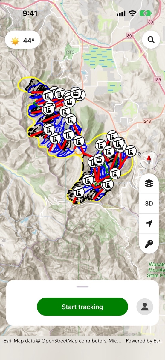 MountainMap overview of Park City Mountain with both base areas, lifts and coloured runs