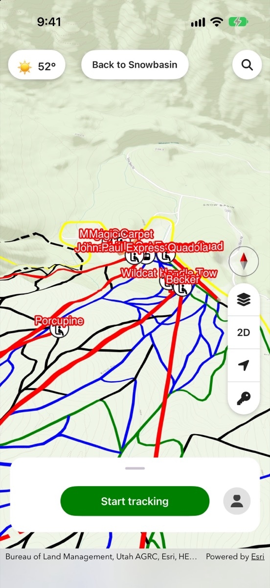 Snowbasin base area in MountainMap's 3D view with labelled lifts