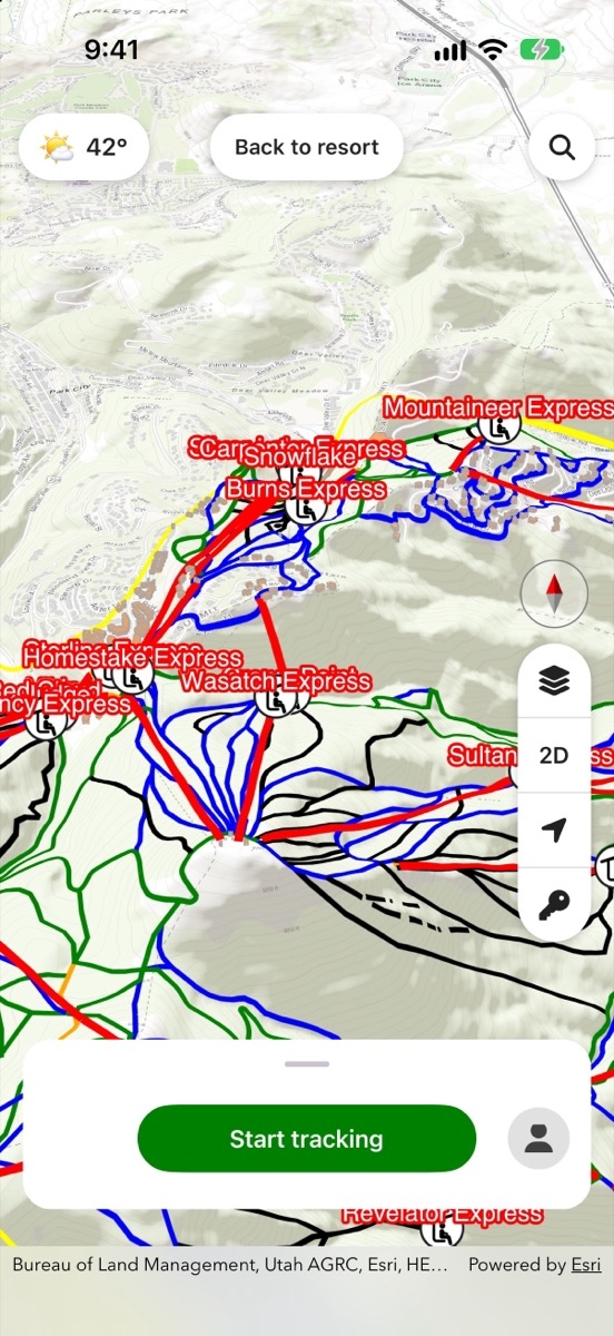 Snow Park base and Bald Mountain at Deer Valley in MountainMap with labelled lifts