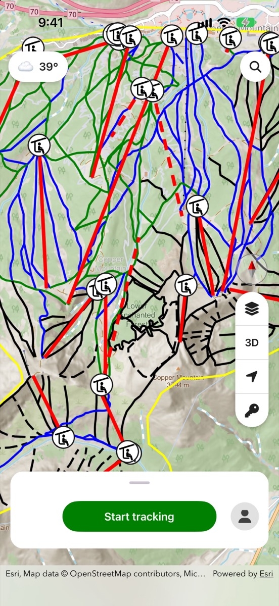 Green, blue and black runs side by side under red lift lines on a MountainMap trail map