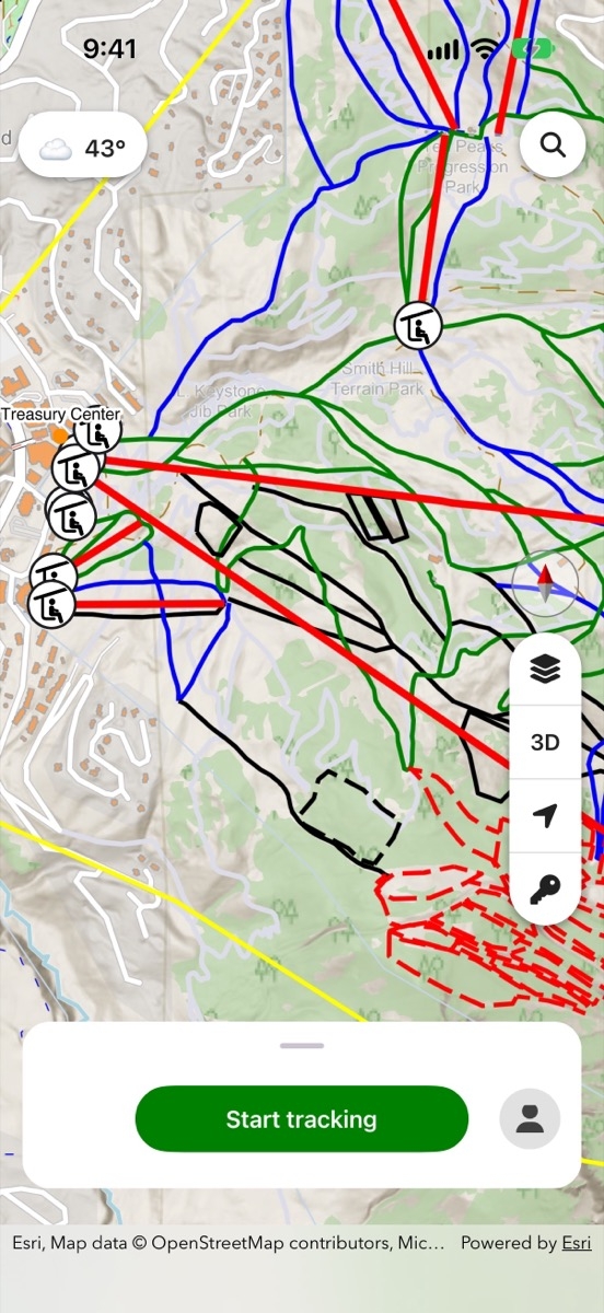 Named terrain parks near a base area and red dashed extreme terrain on a MountainMap trail map